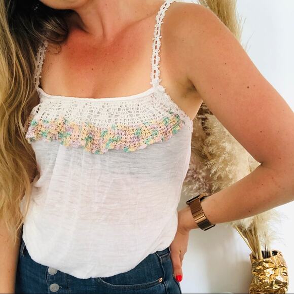 FREE PEOPLE White Crochet Lace Open Cutout Tie Back Ruffle Tank Top Shirt M - Picture 5 of 9